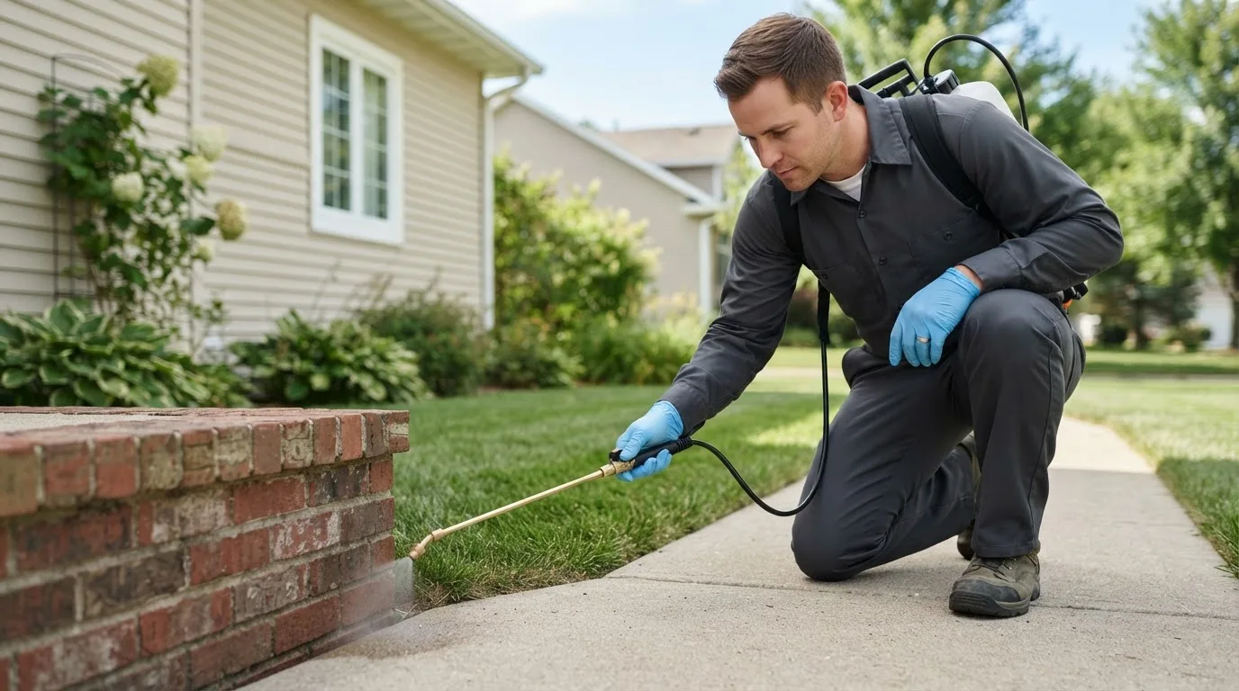 Pest control technician treating a home near Bernard, ME